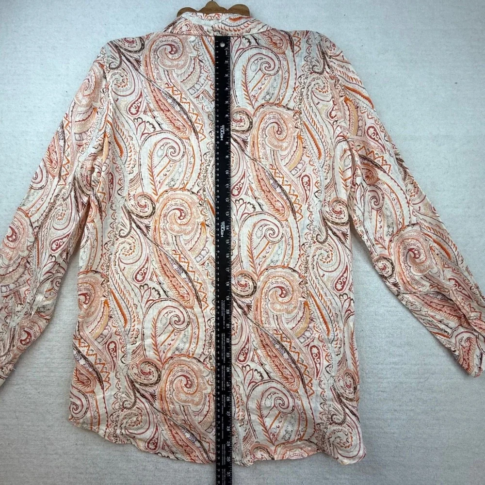Rachel Zoe Womens Orange Paisley 100% Linen Shirt L European 70s style earthy - Picture 7 of 8